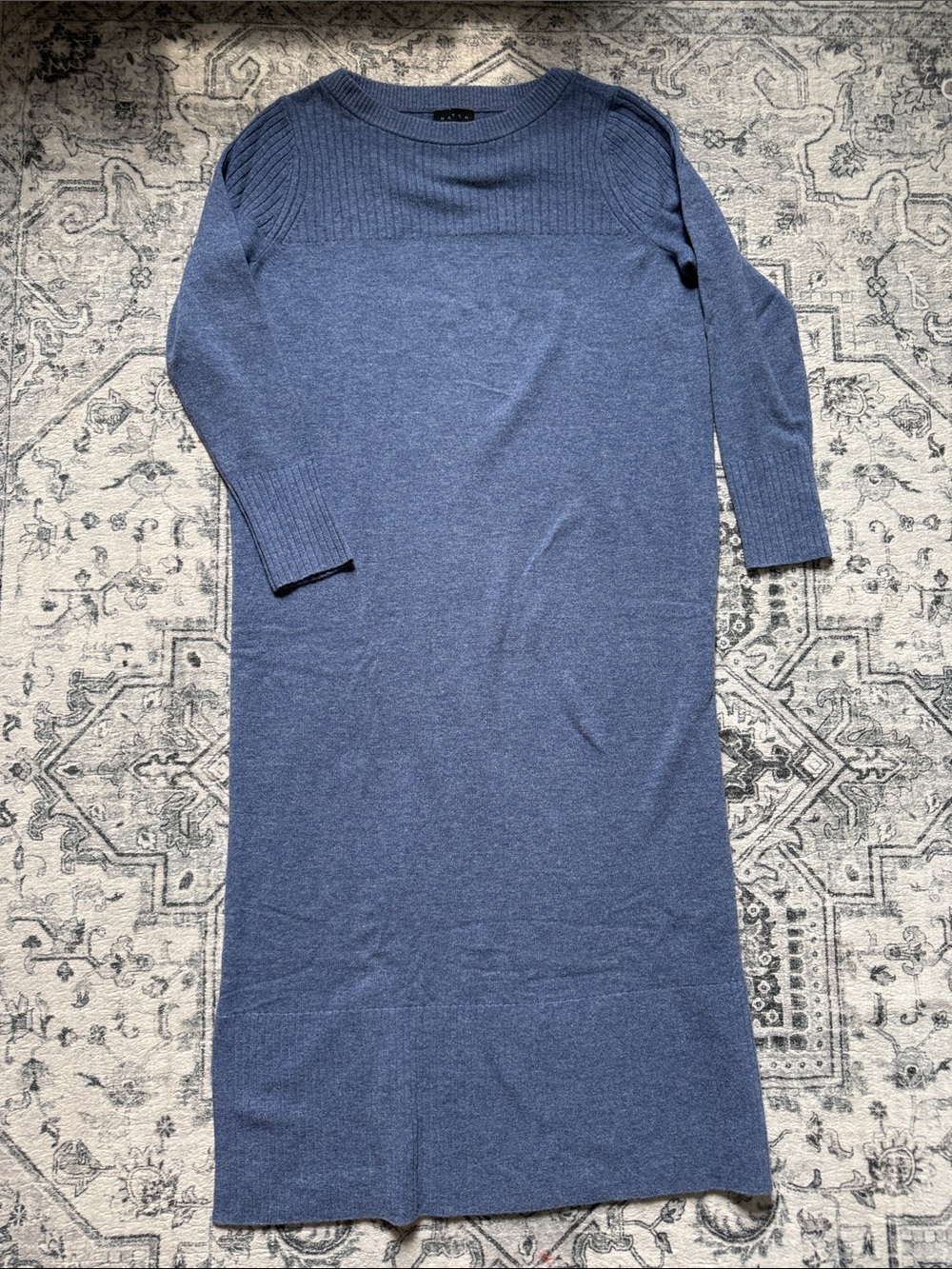Hatch Slate Blue Rib Merino Wool Knit Sweater Dress